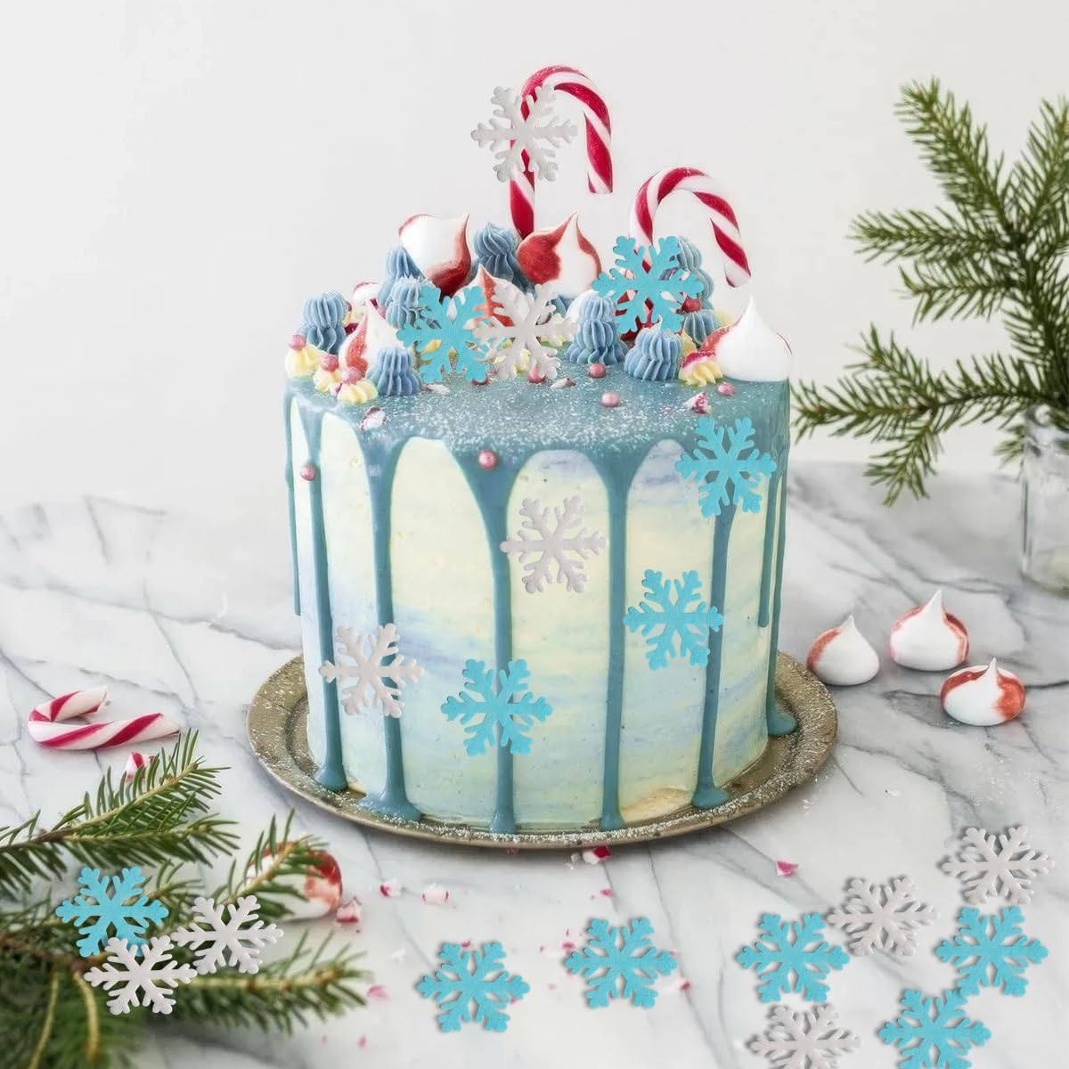50 Pcs Edible Snowflake Cupcake Toppers Christmas Winter Cake Toppers White Blue Snowflakes Cake Decoration for Christmas Winter Frozen Birthday Theme Party Supplies image number 2