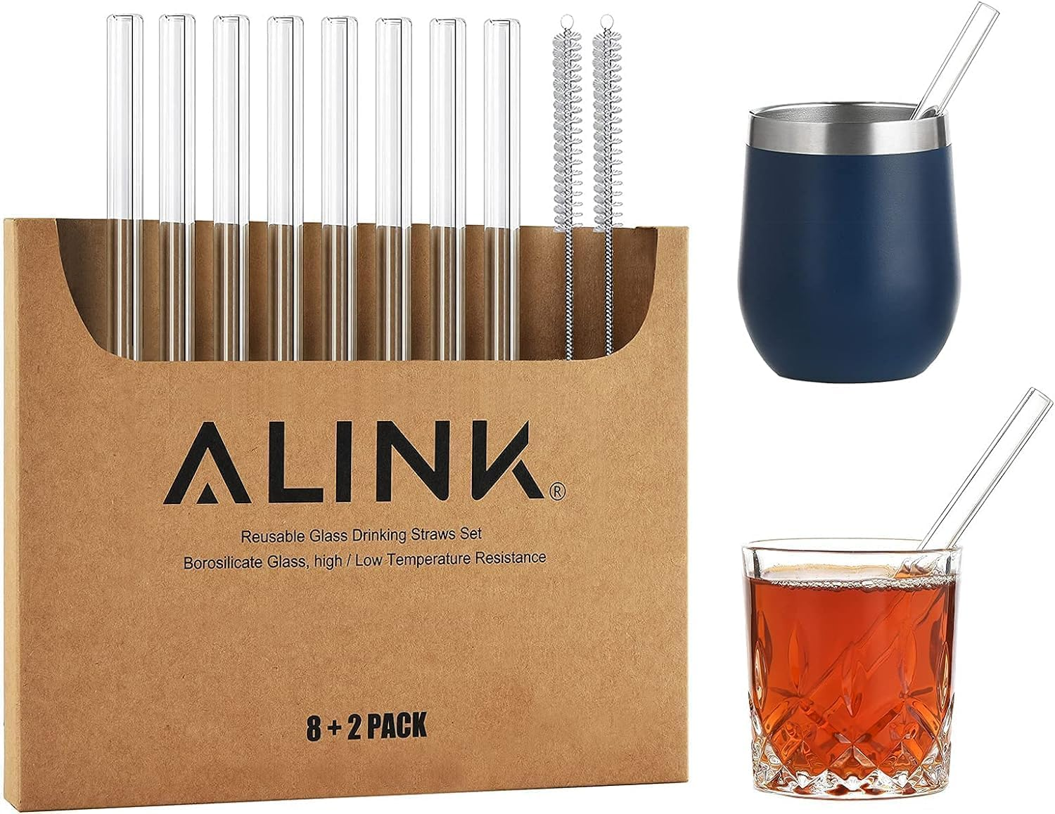 Alink Short Glass Straws, 6 in X 10 Mm Clear Straws for Cocktails, Whiskey, Coffee, Pack of 8 with Cleaning Brush image number 1