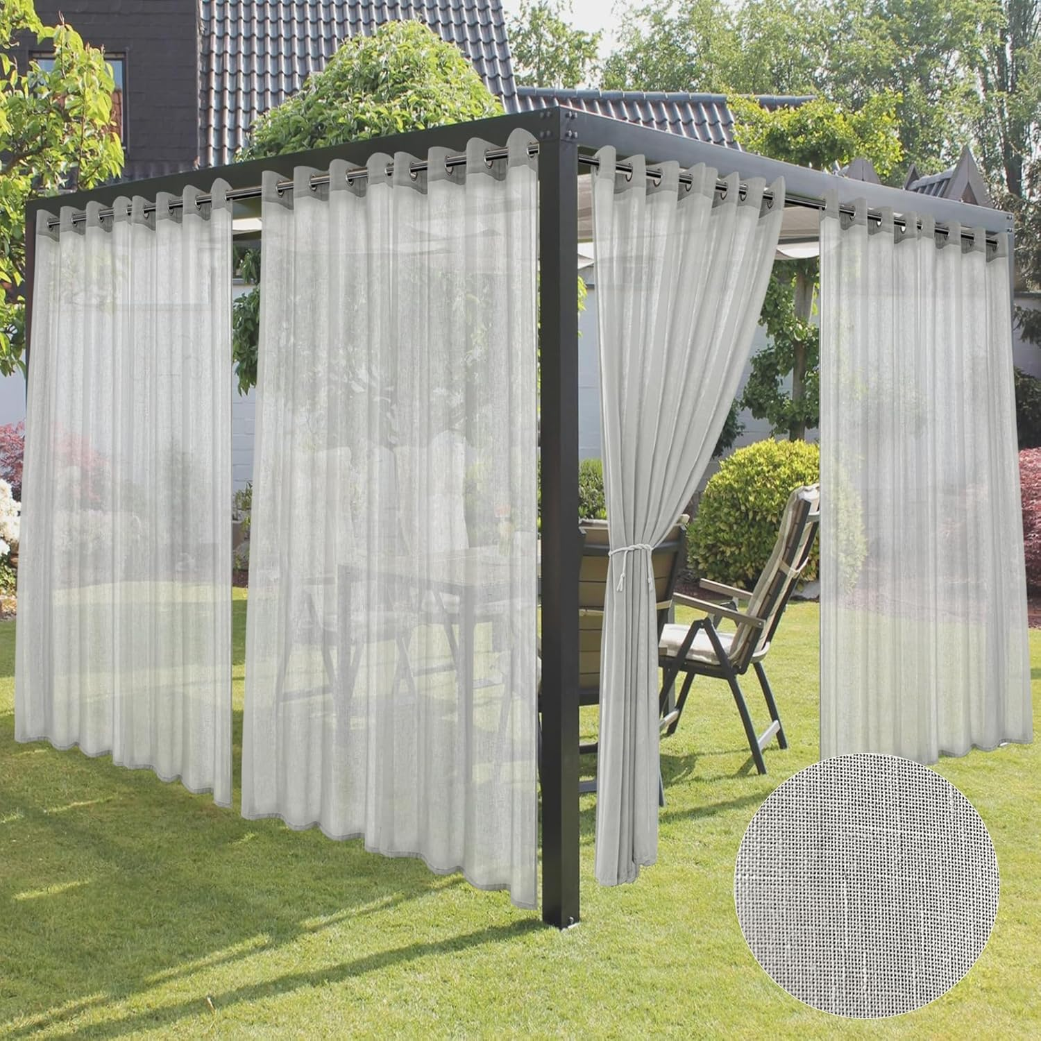 Holidayideas 4 Panels Outdoor Curtains for Patio-Natural Linen Semi Sheer Curtains for Patio Waterproof, Privacy Sun Light Indoor outside Drapes for Gazebo, Pergola, Balcony, Pool, Backyard 54X95 Inch