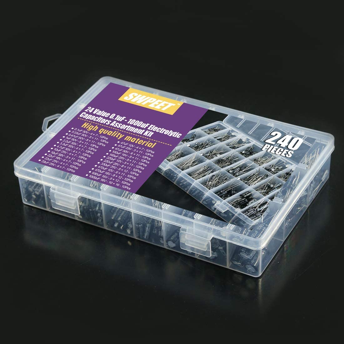 Swpeet 240Pcs 24 Kinds Different Electrolytic Capacitors Range 0.1Uf－1000Uf Assortment Kit, 10V/16V/25V/50V Aluminum Radial Electrolytic Capacitors for TV, LCD Monitor, Radio, Stereo, Game image number 4