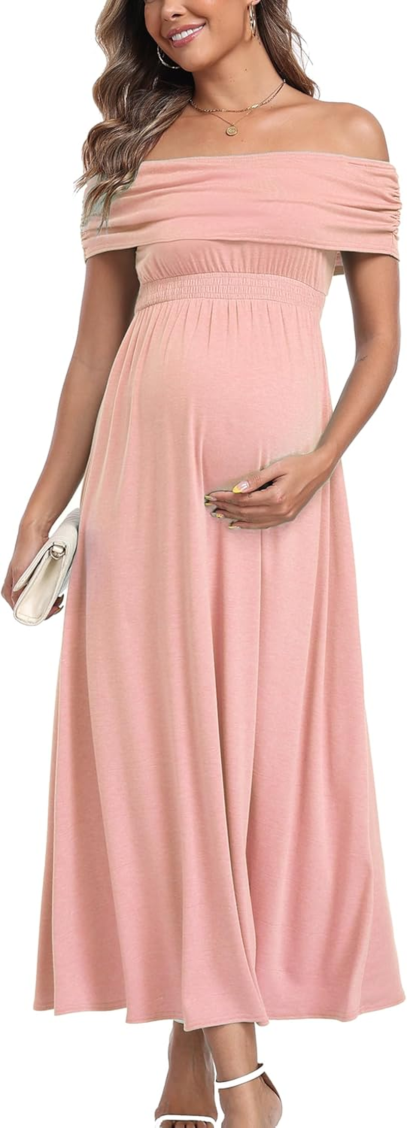Off the Shoulder Maxi Maternity Dress for Photoshoot Baby Shower Sleeveless Casual Long Dresses image number 4