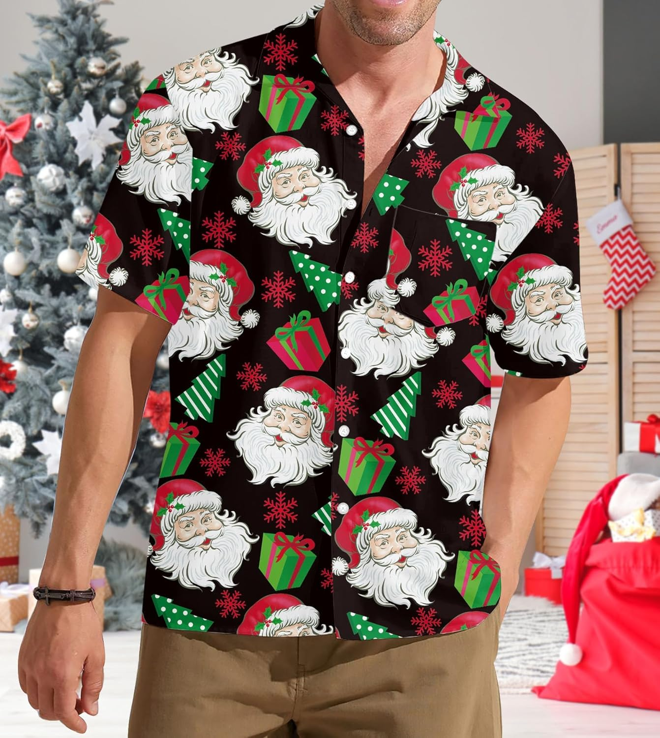 Mens Hawaiian Christmas Shirts Short Sleeve Button down Tropical Shirts Summer Beach Clothing image number 2