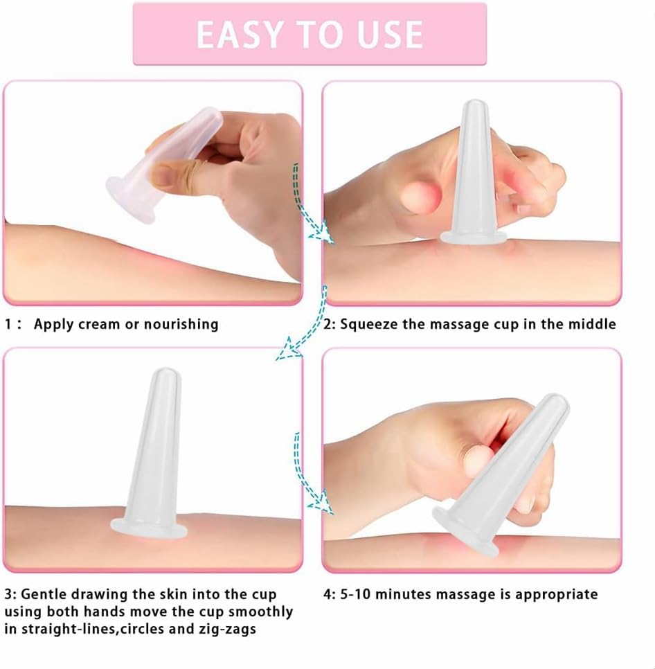 4 Pcs Silicone Facial Cupping Therapy Set Vacuum Massage Cup Kit Body Cupping Cup Set for Face Neck Back Eyes Massage Vacuum Cans Suction anti Cellulite Massager Health Care (White) - Blue image number 6