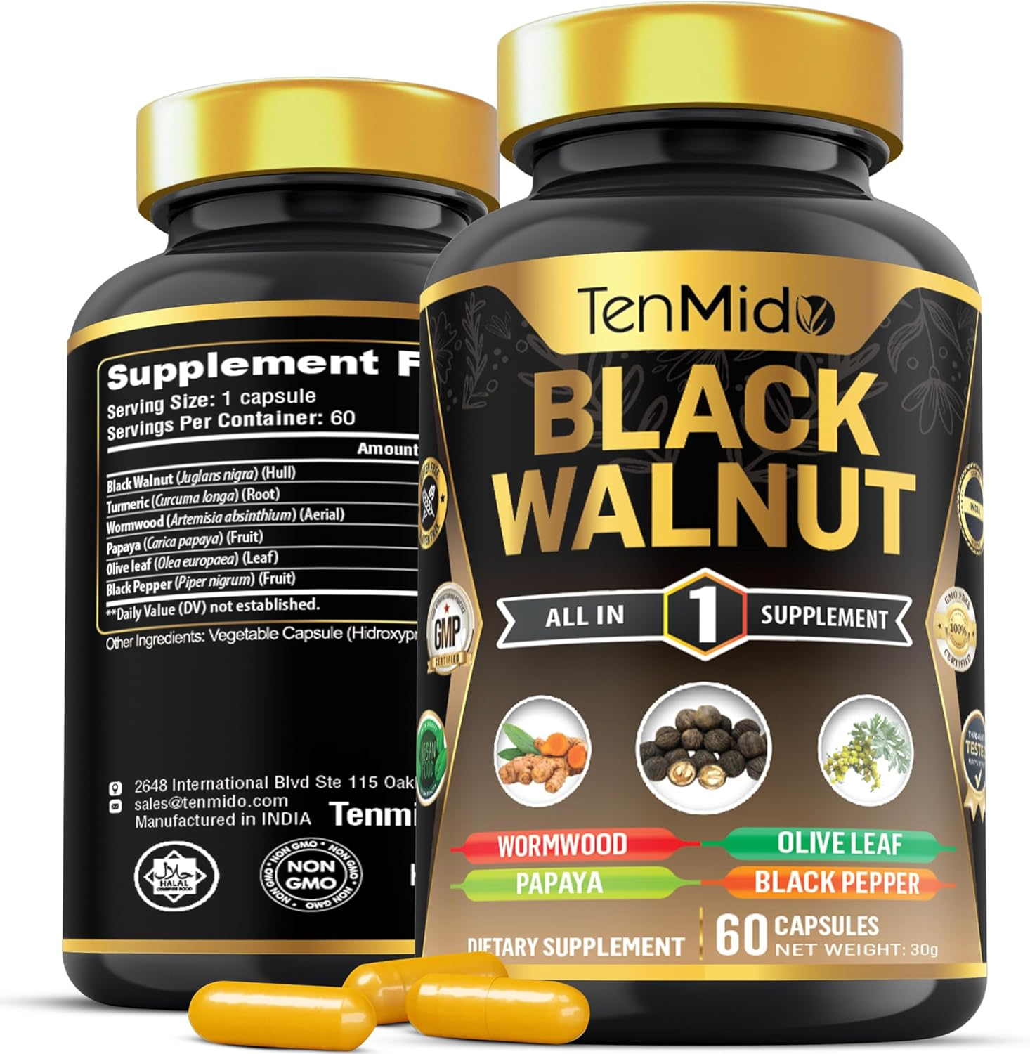 Black Walnut Supplement - 6In1 Blend with Wormwood, Turmeric, Papaya, Olive Leaf and Black Pepper- Gut & Digestive Health Support - 60 Vegan & Non-Gmo Capsules image number 6