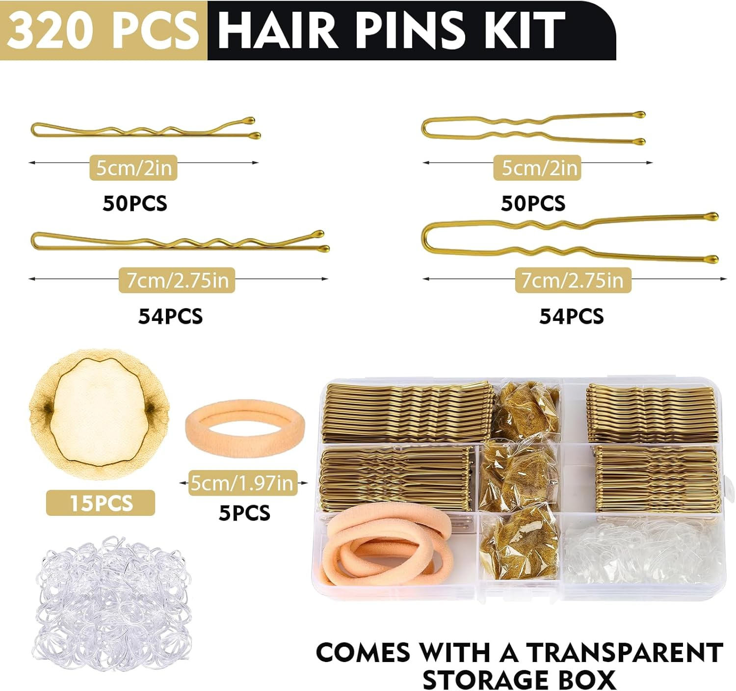 328 Piece Hair Pins Small Bobby Pins Set - 104 U-Shaped Hair Pins, 104 Bobby Pins, 100 Rubber Bands, 15 Hair Net Bun, 5 Scrunchies, Hairstyle Accessories for Girls and Women with Storage Box (Gold) image number 4