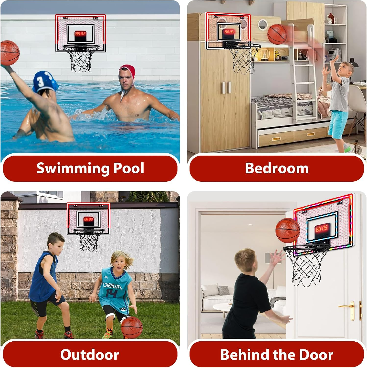 Indoor Basketball Hoop for Kids over Door Mini Basketball Hoop with 4 Red Rubber Balls Basketball Ring with Scoreboard Timer and Remote Control Gifts for 4-12 Year Old Boys Girls image number 3