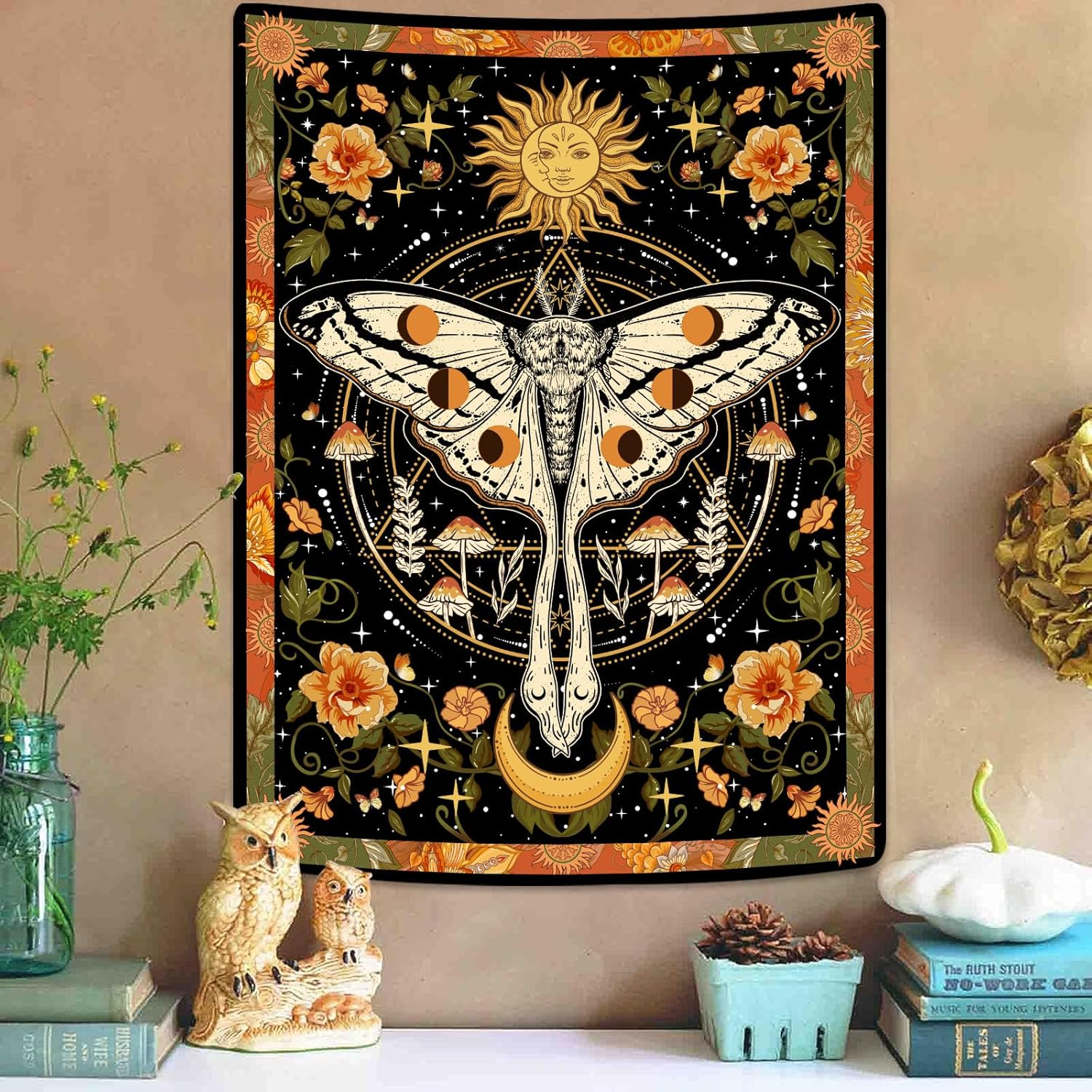Aipon Orange Moth Tapestry Boho Retro Floral Flowers Tapestries Aesthetic Vintage Mushroom Tapestry Bedroom Indie Vertical Tapestry Wall Hanging for Living Room Dorm (44.00'' &times; 60.00'', Orange) image number 5