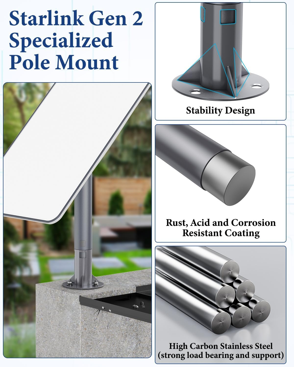 Luxisync Starlink Gen 2 Fixed Base, Stainless Steel Pipe Adapter, Mounting Kit for Starlink Gen 2 Receiver, Wi-Fi Satellite Internet Kit - Dark Gray