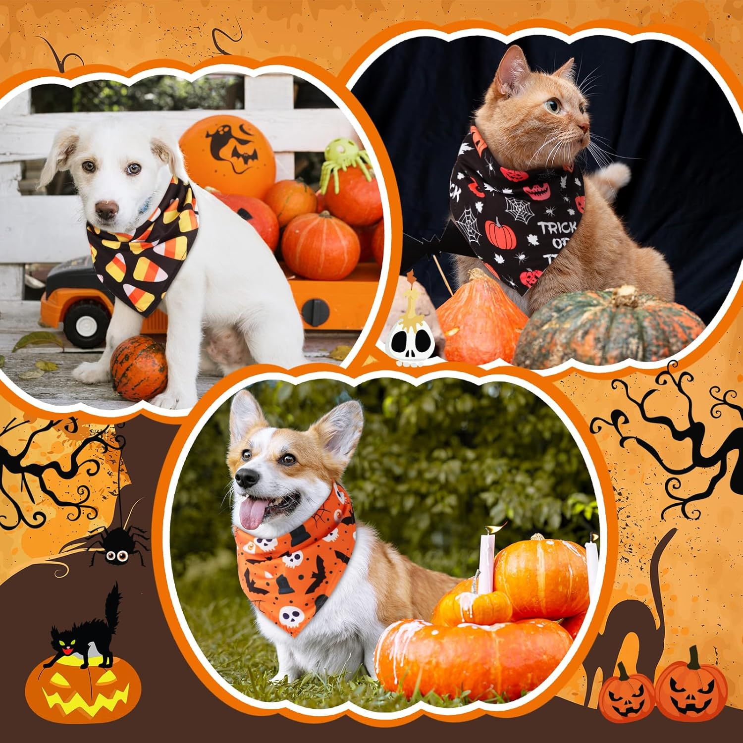 Sanwuta 100 Pcs Halloween Dog Bandanas Bulk Pumpkin Bat Spider Skull Pattern Dog Bandanas for Dogs Triangle Bibs Scarf for Small Medium Large Pet Christmas Costume Accessories(Large) image number 5