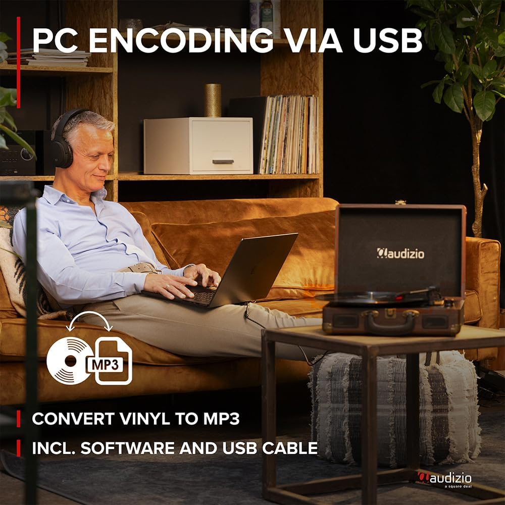 Audizio Turntable Briefcase Record Player | USB Retro Record Players for Vinyl with Speakers | 3 Speeds | Convert Retro Vinyl to Mp3 via USB | RCA Output/Aux 3.5Mm (Wood) image number 4