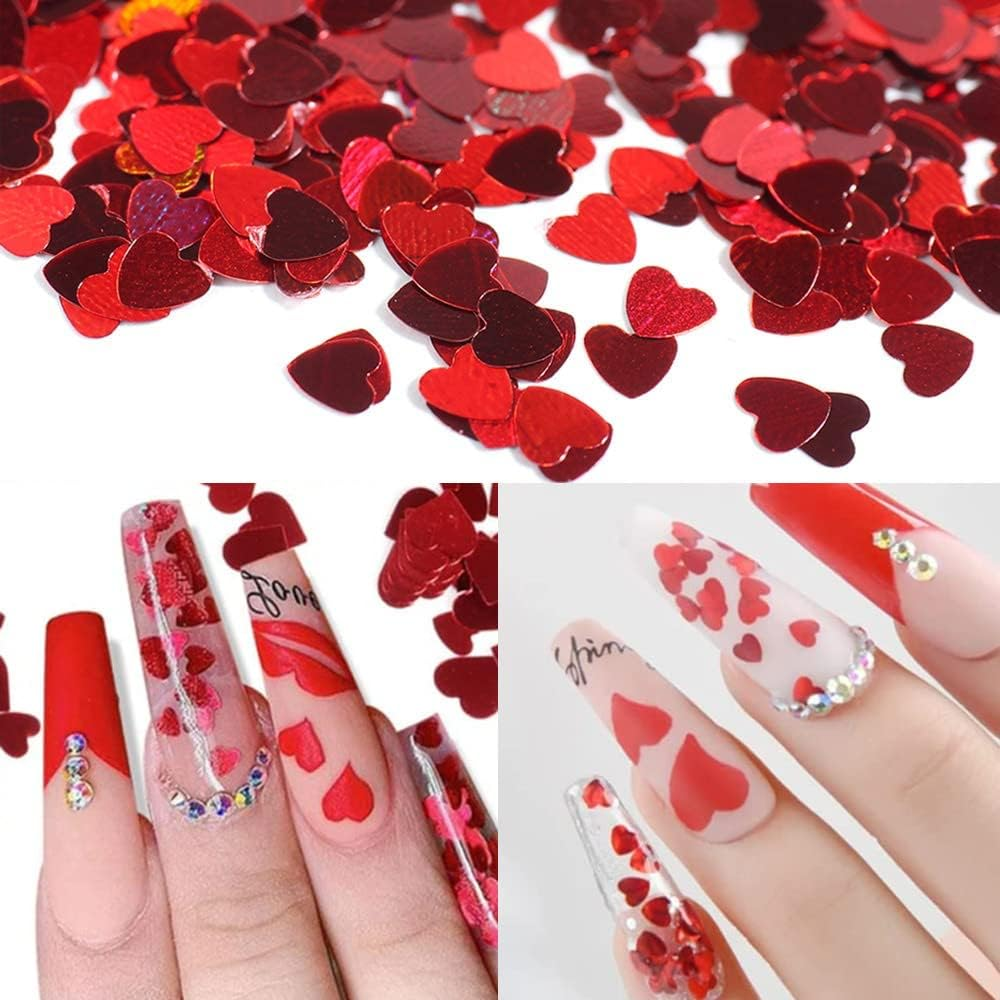 Red Heart Nail Art Glitter Sequins for Valentine'S Day Nail Art Stickers Decals Holographic Love Heart Nail Charms Flakes for Acrylic Nail Supplies Manicure Tips Accessories image number 6