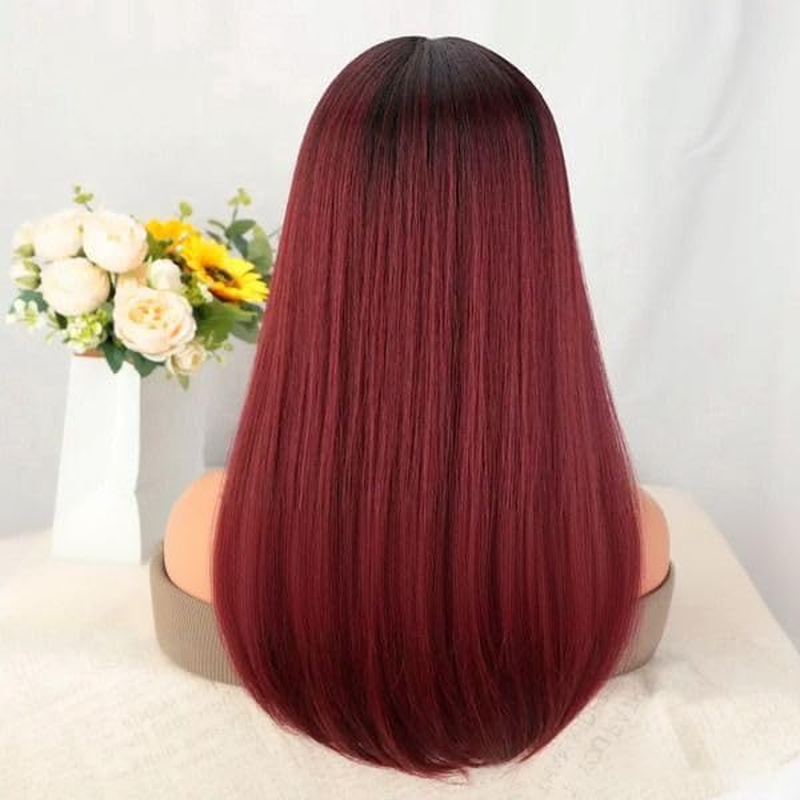 Long Straight Wigs for Women Women Synthetic Full Hair Natural Wine Red Ombre Wig with Tidy Fringes for Cosplay Costume or Daily Life (Wine Red, 26Inch) image number 1