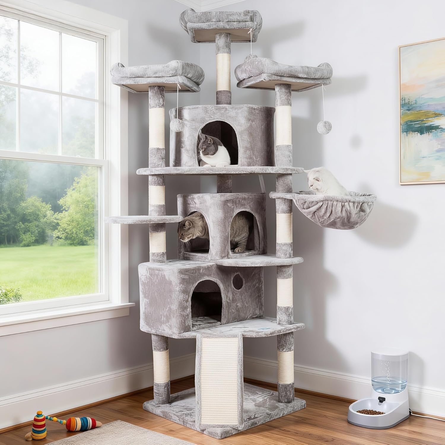 Hey-Brother XL Cat Tree, 186 Cm Cat Tower with 3 Caves, 3 Cozy Perches, Scratching Posts, Board, Activity Center Stable for Kitten/Big Cat, Light Gray MPJ032W image number 6