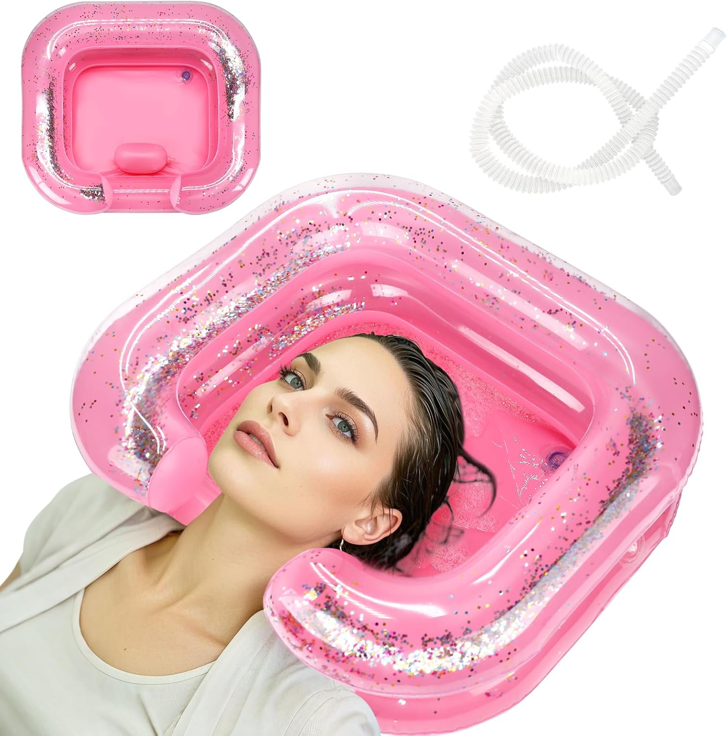 Inflatable Hair Washing Basin, Portable Shampoo Bowl with Pillow and Drain Hose, Hair Washing Basin for Bedridden, Disabled, Injured, Perfect for Dreadlocks, Curly Hair, Thick Hair (Grey)