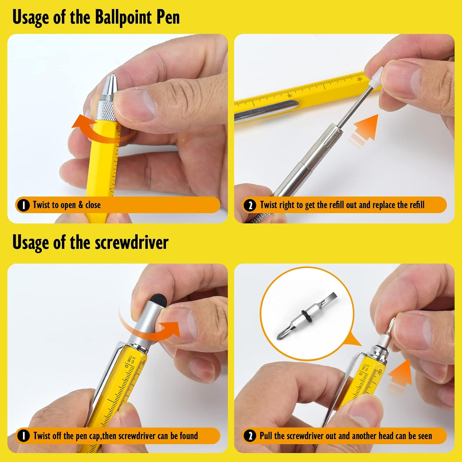 Cool Pen Gifts for Men, Cutier 6-In-1 Multi Tool Tech Pen Gadgets Tools for Men, Personalized or Him, Funny Christmas, Father'S Day Valentines or Birthdays Gifts (Yellow)