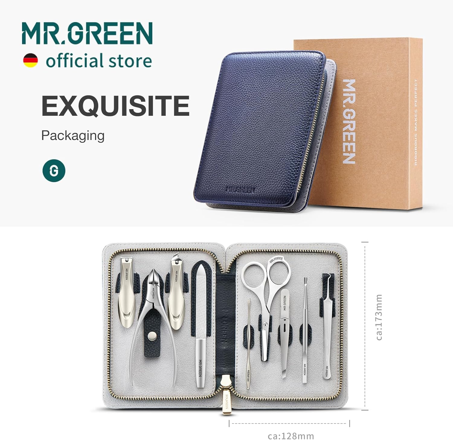 MR.GREEN Innate Luxury Manicure Set Surgical Grade Scissors Stainless Nail Clipper Kit Full Grain Cow Leather Package Pedicure (9 in 1 Manicure Set)