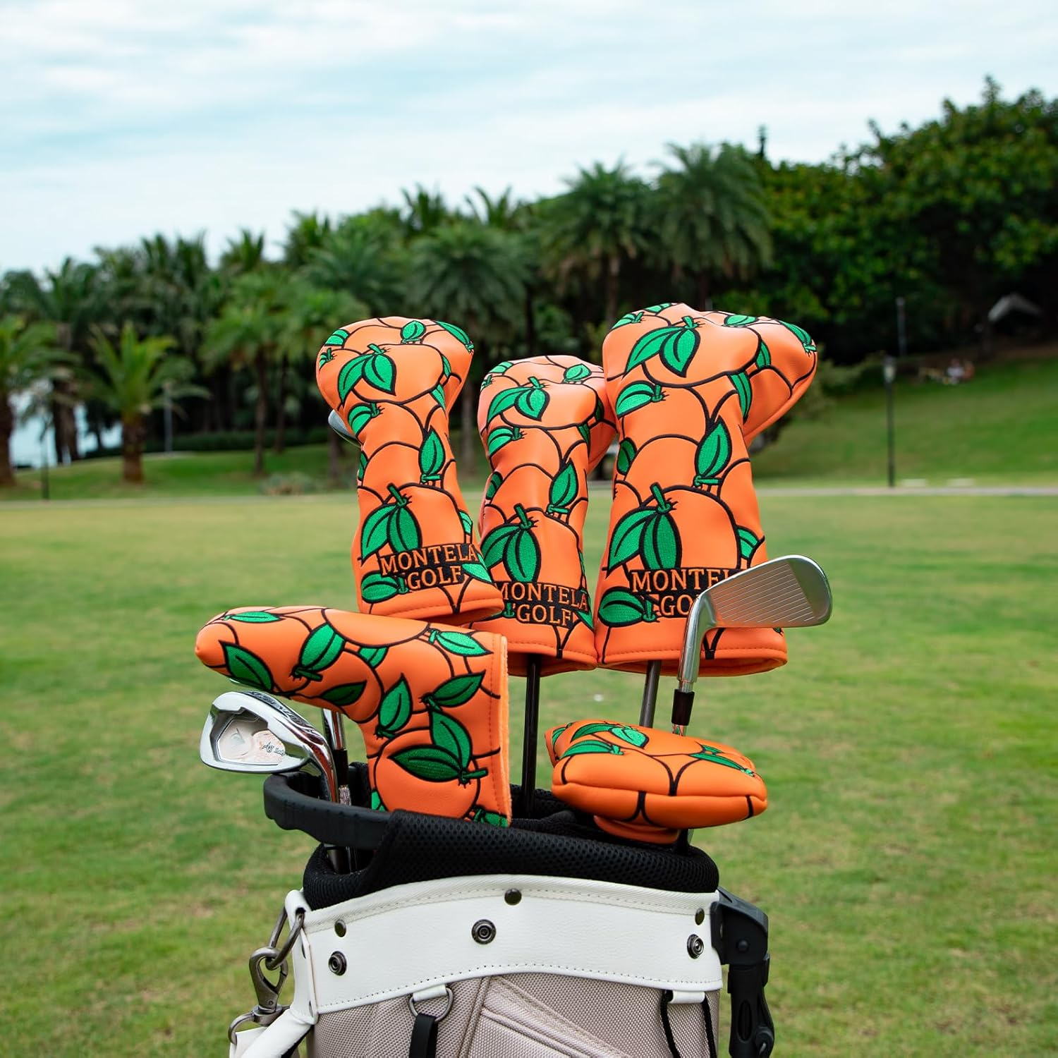 Montela Golf Club Covers Orange Golf Head Cover Driver Covers Fairway Wood Headcover Hybrid Cover Leather Golf Headcover for Scotty Cameron Taylormade Titleist Odyssey image number 2