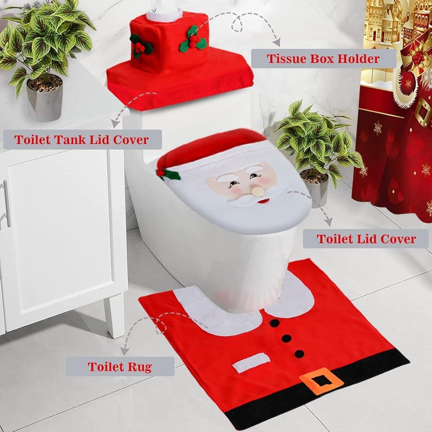 1 Set Christmas Toilet Seat Cover, Santa Claus Bathroom Decorations, Holiday Rug and Tank Cover, Xmas Home Indoor Decor image number 2