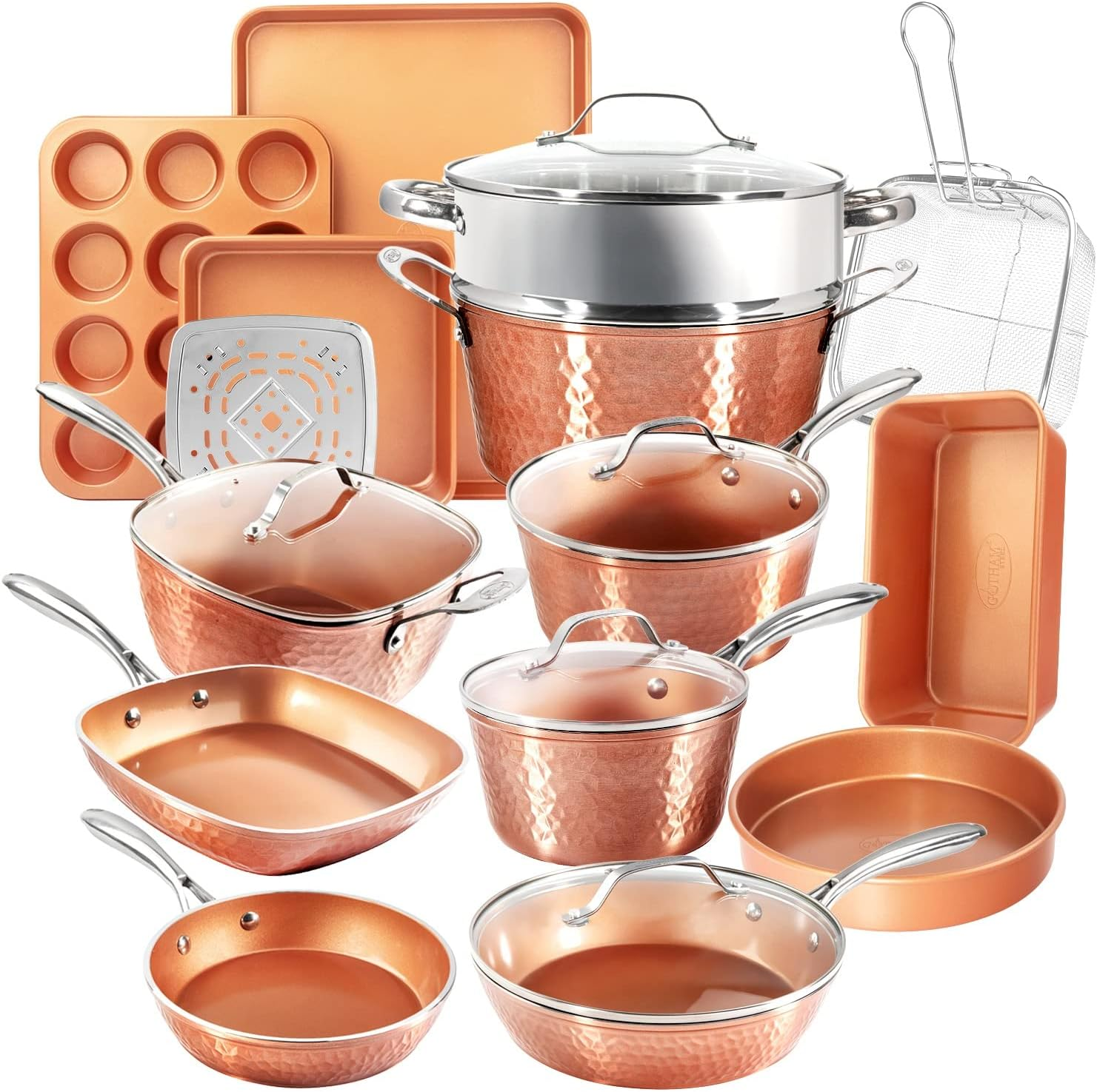 Gotham Steel Hammered Copper Collection &ndash; 20 Piece Premium Pots and Pans Set Nonstick Ceramic Cookware + Bakeware Set for Kitchen, Induction/Dishwasher/Oven Safe, Healthy and Non Toxic image number 5