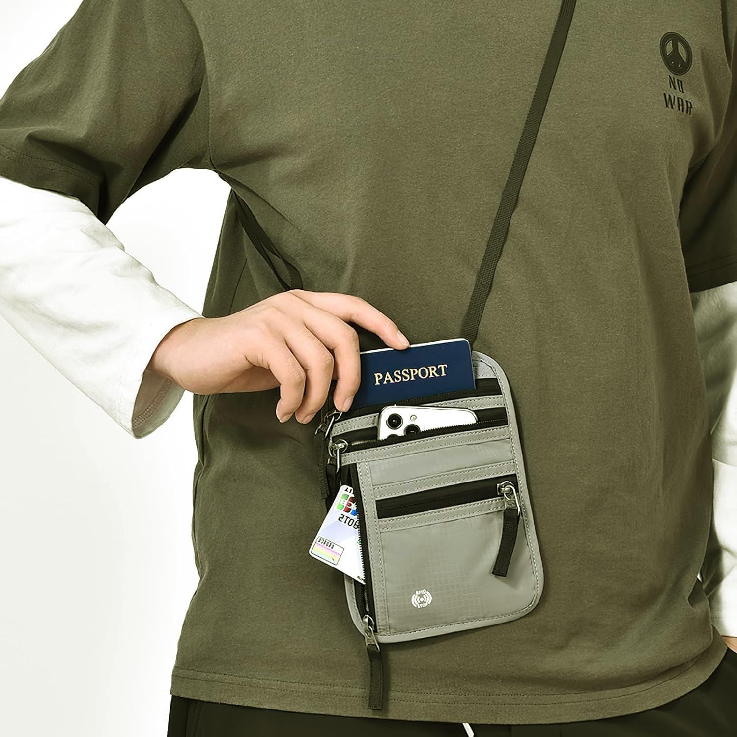 Neck Wallet with RFID Travel Wallet Protection Soft Compartment Passport Organizer, Lightweight, with Adjustable Shoulder Strap for Smartphone, Passport and Cash Cards (Grey) - Black image number 7