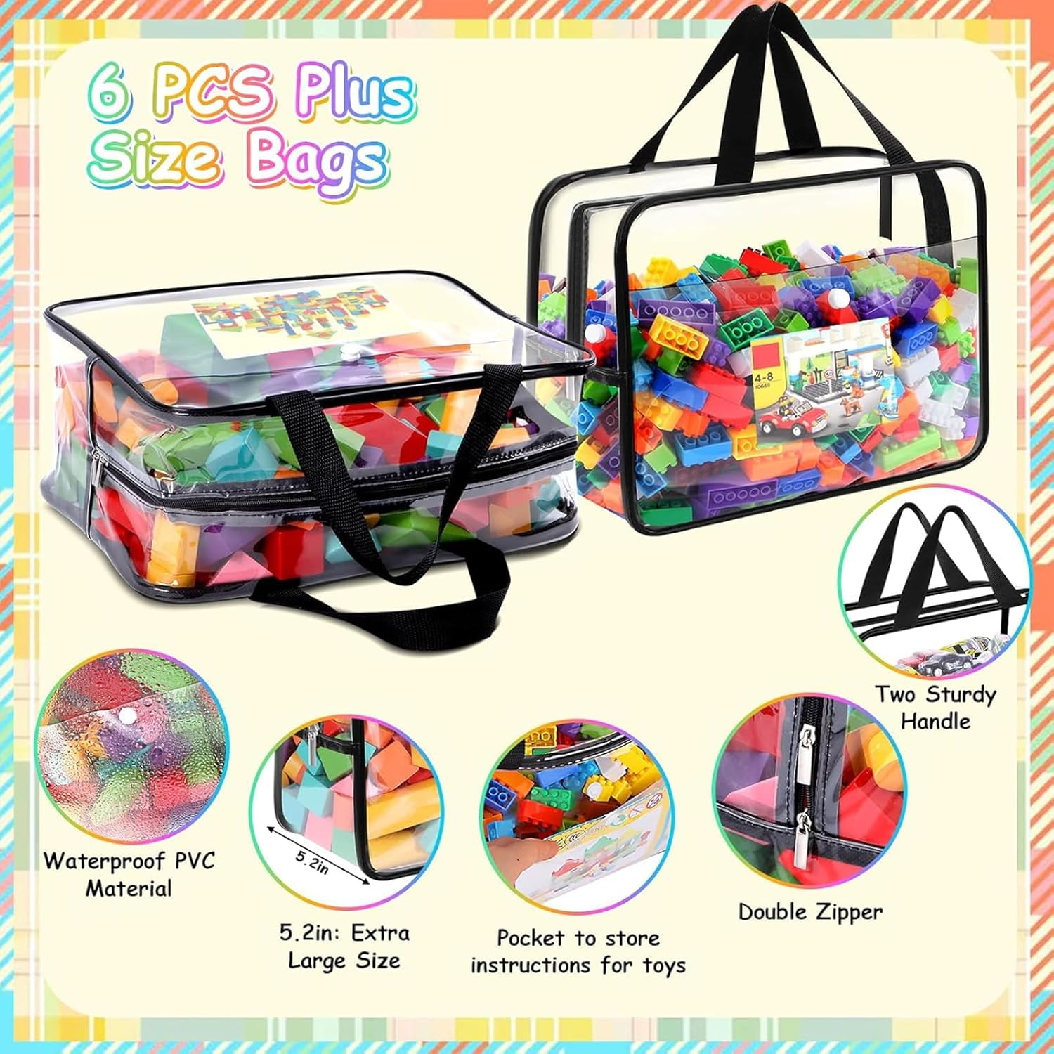 6 Packs Toy Storage Bags, Clear PVC Toy Storage Bags with Zippered, Waterproof Toy Bags for Board Games, Handheld Toy Storage Organizer for Building Blocks Board Games Toys,Large Black image number 4