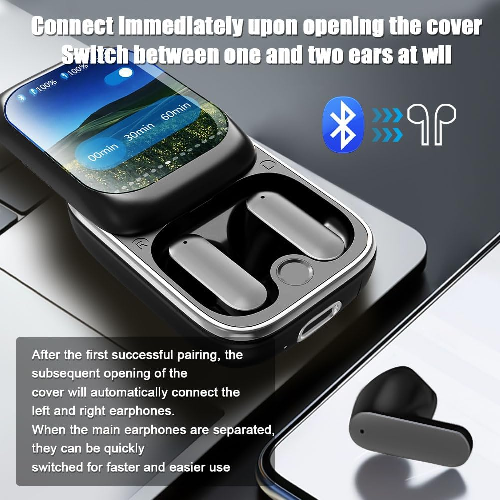 Mesen Touchscreen Bluetooth Headphones, Wireless Bluetooth 5.3 with ANC/ENC Noise Cancelling Mic, 48 Hours Deep Bass Earbuds, Wireless Headphones with LED Colour Screen for Ios/Android image number 2