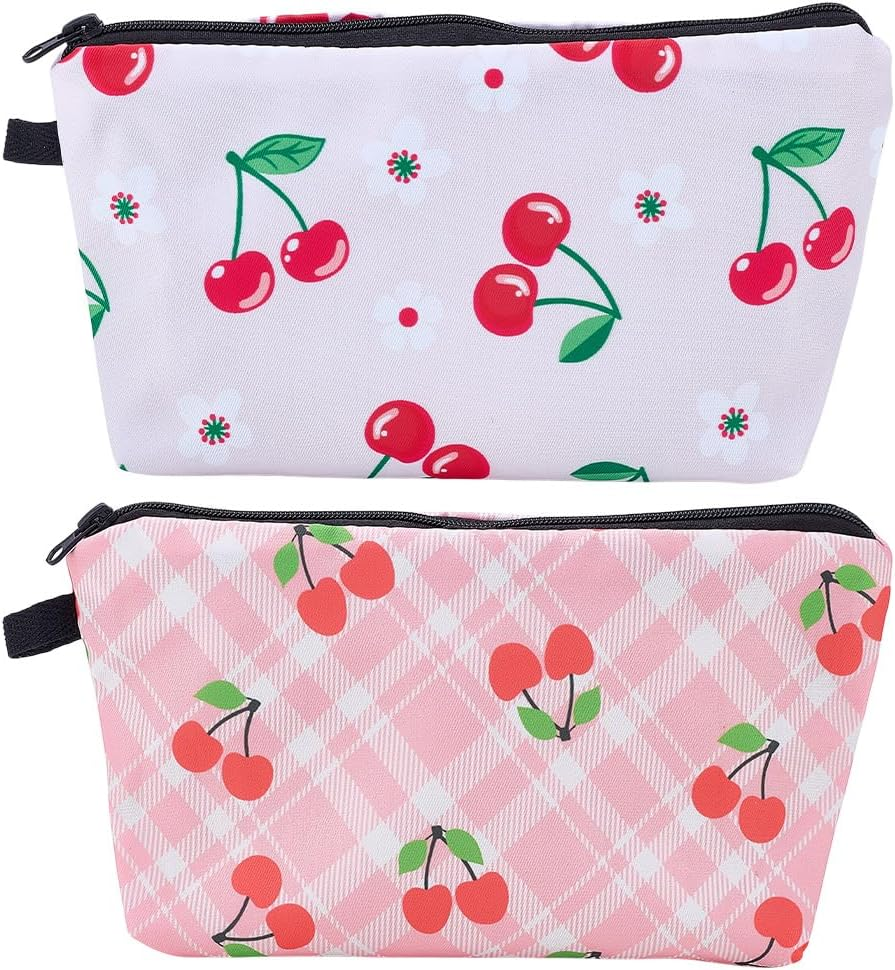 PLIGREAT 2 Styles Cherry Make up Bags Aesthetic Cosmetic Bags Organiser Small Makeup Bags for Women Cherry Motif Portable Zip Pocket Pink Storage of Toiletries image number 2