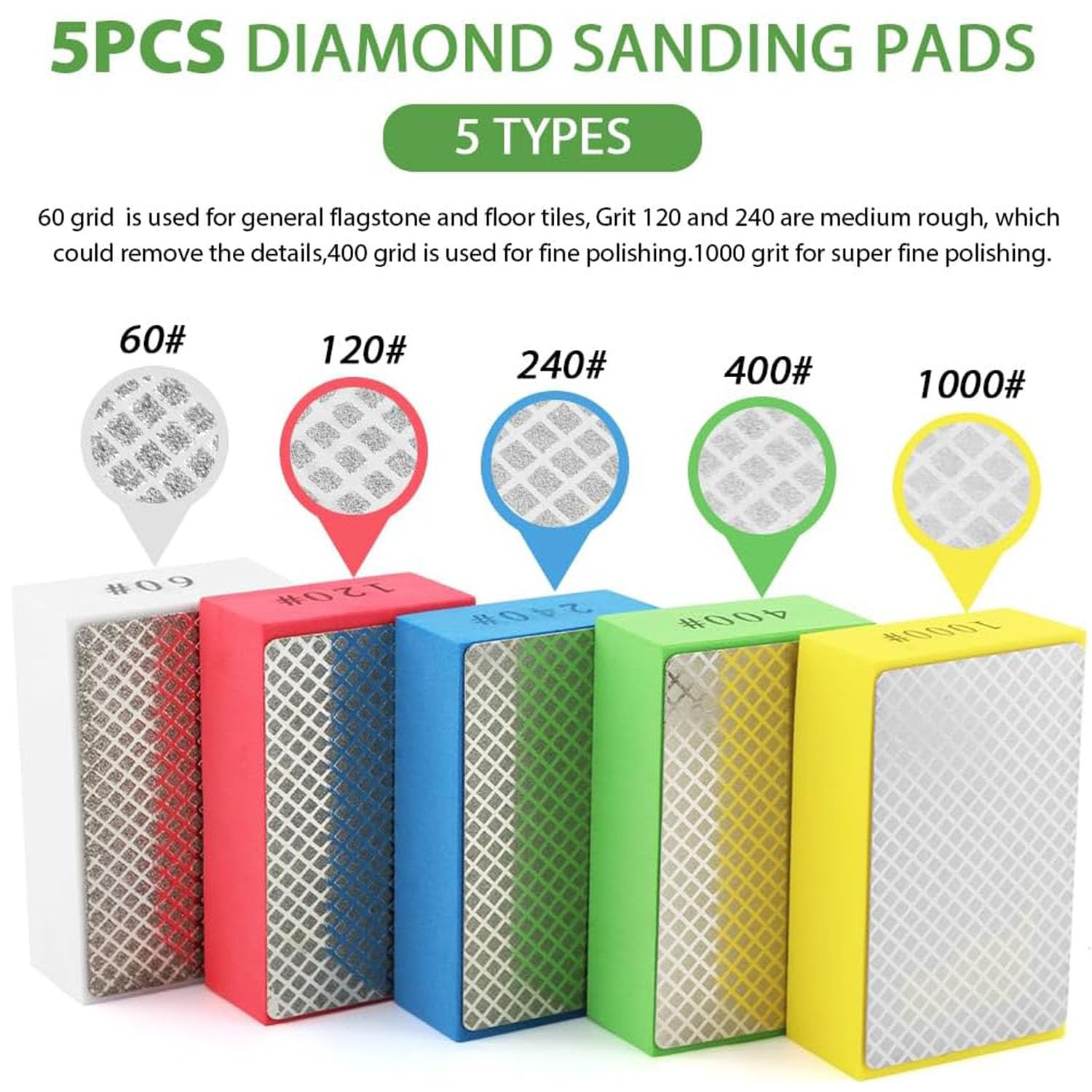 Diamond Hand Polishing Pads, 5 Pcs, 60#,120#,240#,400#,1000#, Wet & Dry Use, Compatible with Glass, Wood, Stone, Tile, Granite, Ceramics image number 1