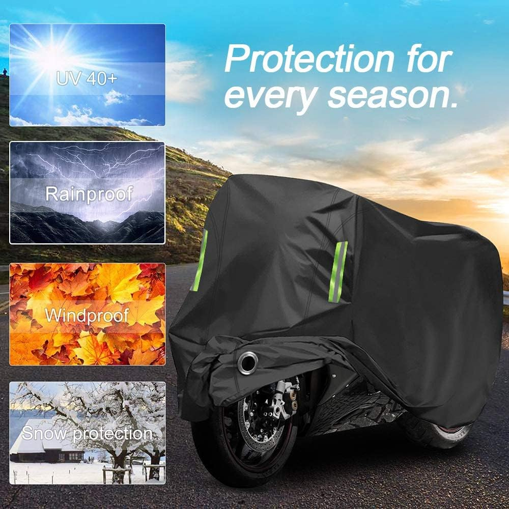 Motorcycle Cover All Season,Universal Weather Durable Quality Waterproof Sun Outdoor Protection Scooter Shelter Tear Proof Night Reflective & Lock-Holes Storage Bag Fits up to 104" Motorcycles Vehicle image number 4