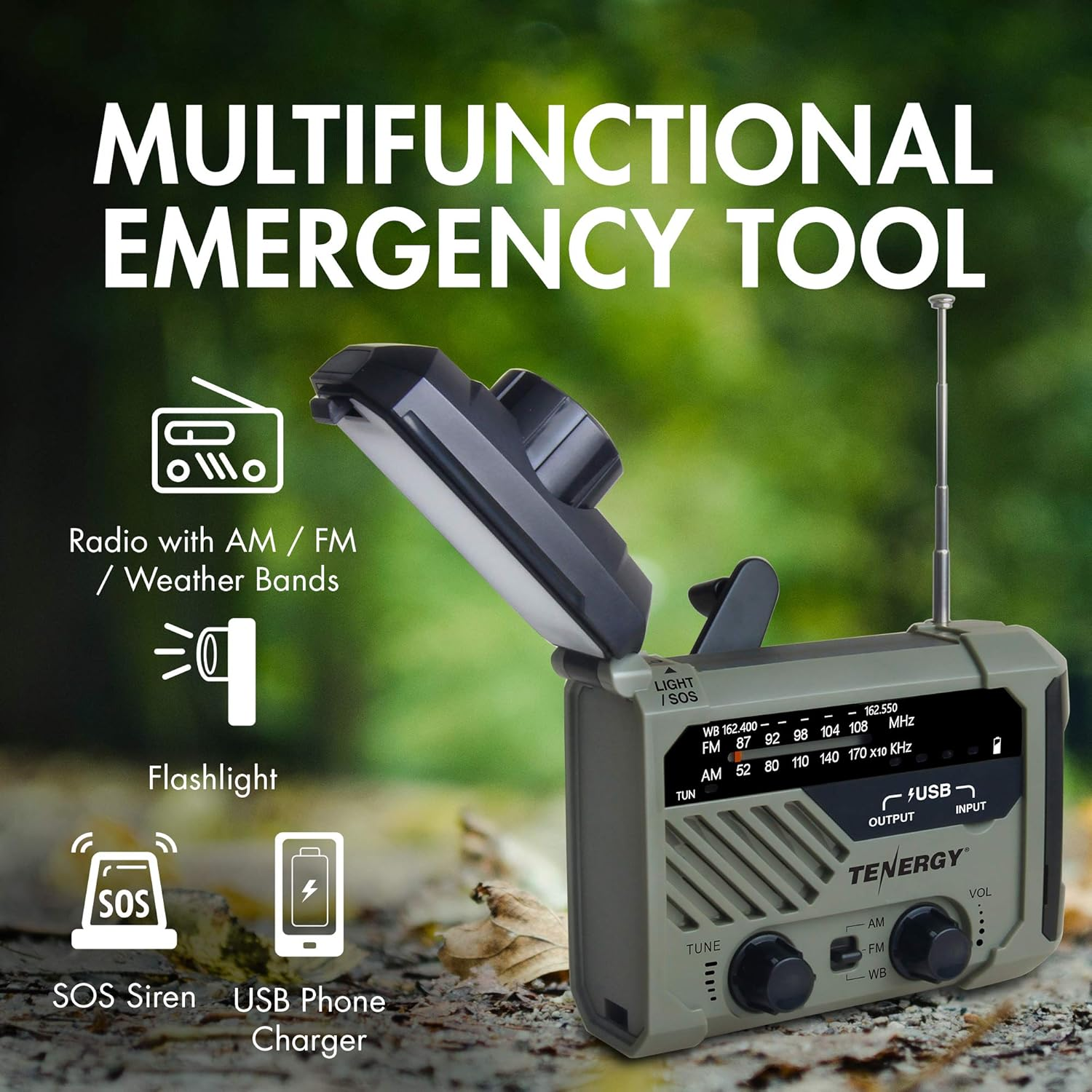 Tenergy Multifunctional Hand Crank Emergency Radio, Battery Powered Radio with LED Flashlights, SOS Alarm, Cell Phone Charger, AM/FM/NOAA Radio Frequencies, Ideal for Emergencies image number 2