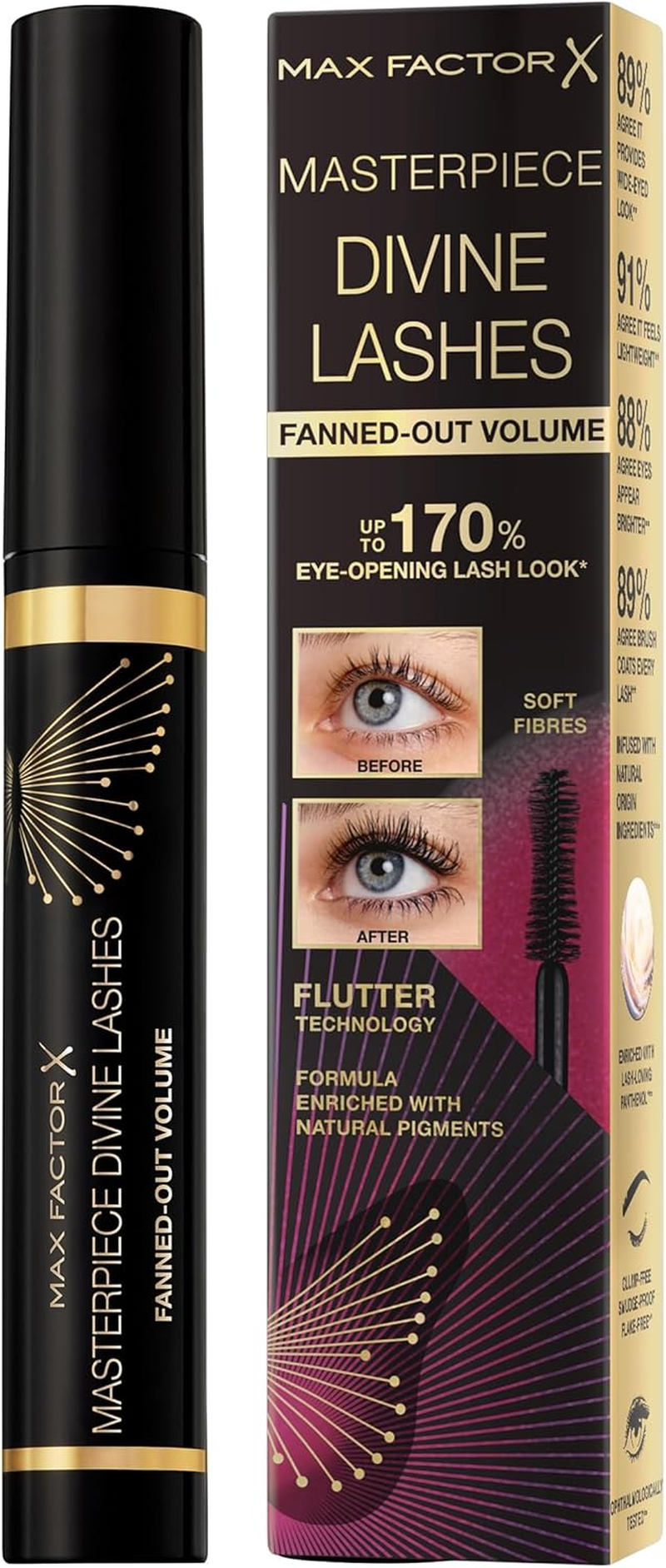 Max Factor Masterpiece Divine Lashes Volumising Mascara, Black Brown, Natural-Pigment Formula, Clump-Free Volume, Fanned Out Volume, All-Day Volume,8Ml