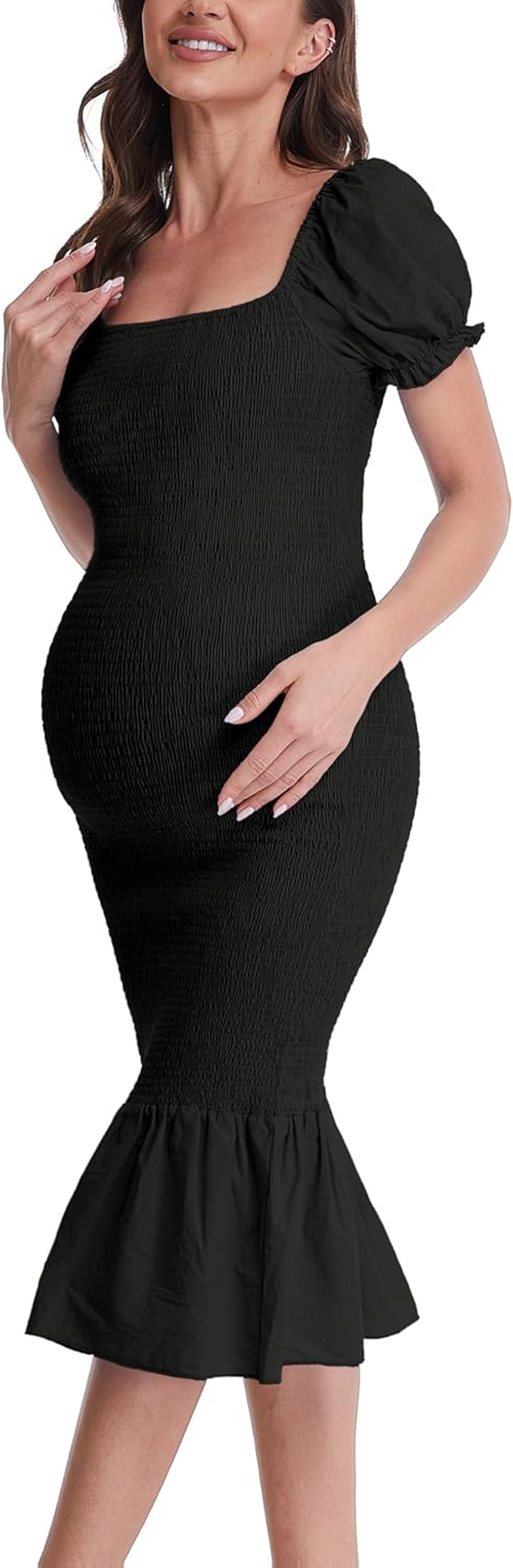 Maternity Summer Midi Bodycon Dresses, Short Puff Sleeve Square Neck Ruffle Hem Mermaid Baby Shower Dress