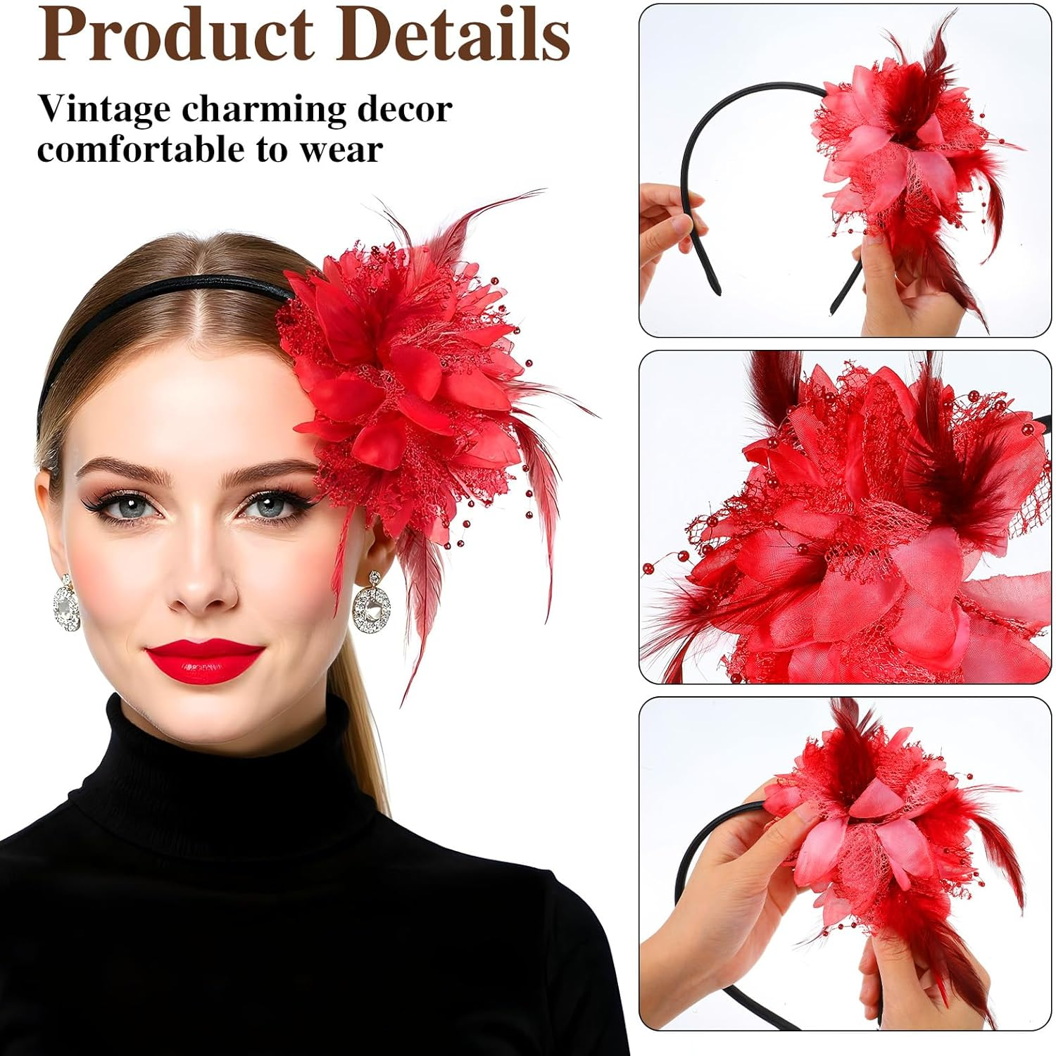 Gjinxi Feather Headband with Artificial Flowers for Women, 1920S Fascinator Headpiece, 20S Headband, Veil Hair Band for Wedding Cocktail Dresses Accessories Carnival image number 4