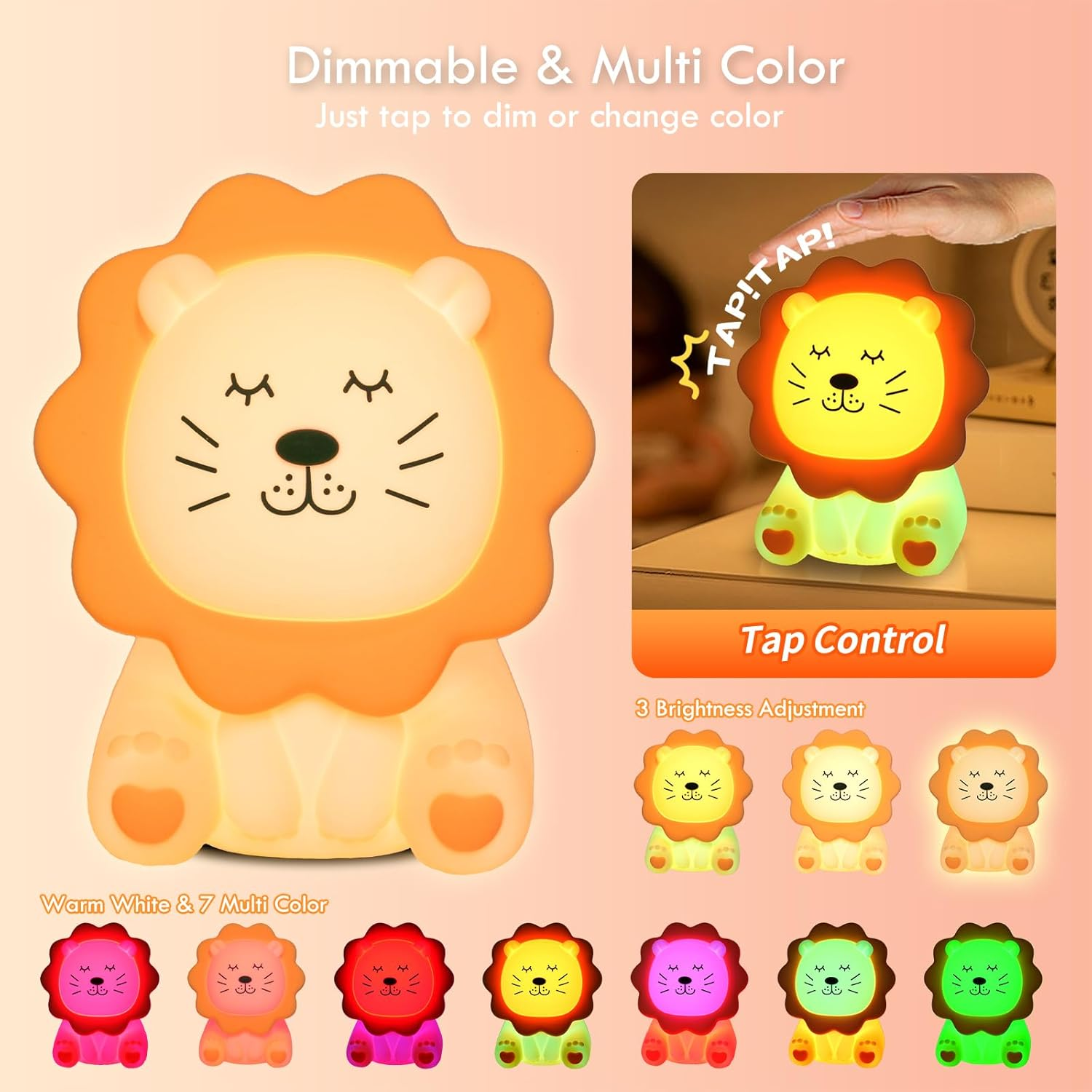 Night Light for Kids, 7 Colors Soft Silicone Kids Night Light with 3 Level Dimmable, Rechargeable Anti-Glare Nursery Night Light with Warm White & Multicolor, Squishy Cute Lion Bedside Touch Lamp image number 6