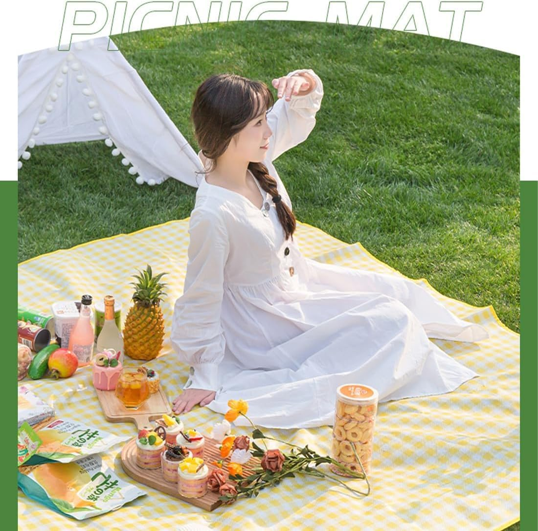 Picnic Blanket Waterproof Foldable in Large 80X60In and Extra Large 80X80In Cute Gingham Portable Compact Beach Blanket Oversized XL Outdoor Mat (Yellow, Extra Large) image number 6