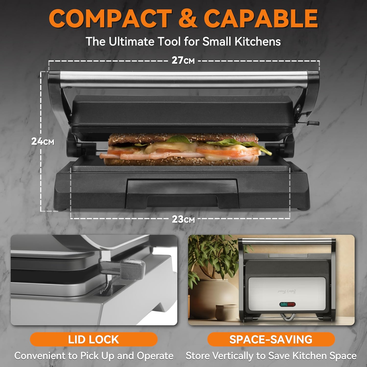 Baker'S Friend Panini Press Electric Griddle, 2-Slices Panini Grill Press Sandwich Maker Press, Grilled Cheese Maker, Sandwichera Electrical, Non-Stick, Stainless Steel, Australian Plug