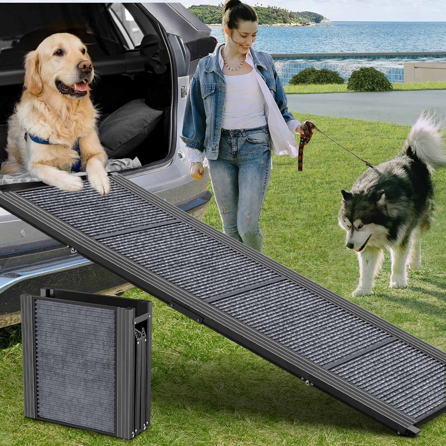 Dog Ramp for Car, 63" Long & 17" Wide Folding Portable Pet Stair Ramp with Non-Slip Rug Surface, Extra Wide Dog Steps for Medium & Large Dogs up to 250LBS Enter a Car, SUV & Truck image number 3