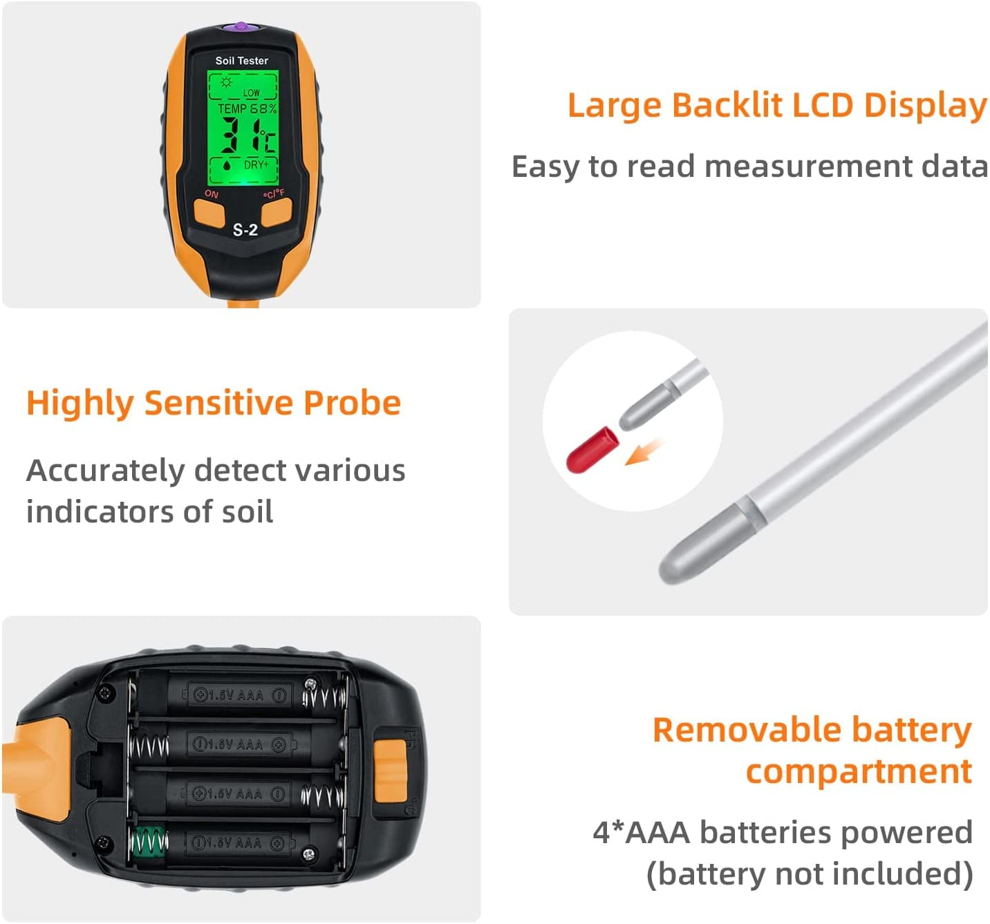 Mcbazel 5-In-1 Soil Ph Tester for Precise Gardening: Ph/Moisture/Light/Temperature and Humidity,Digital Sensor Hygrometer Soil Detector for Gardening Lawn Farming and Outdoor Plants -S2 image number 4