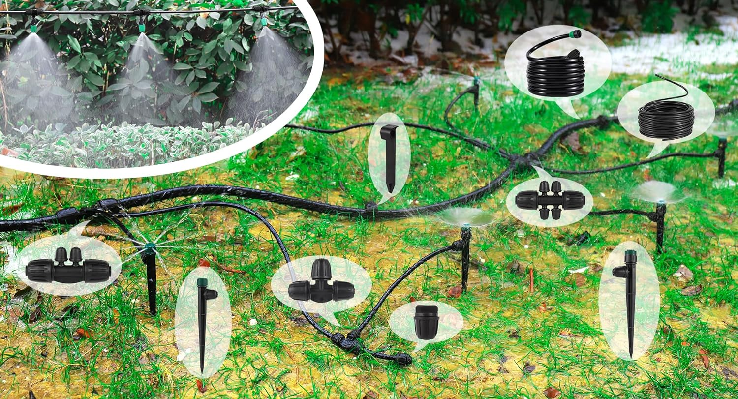 124FT Drip Irrigation Kit,Automatic Irrigation System Garden Watering Misting System with 1/4 Inch 1/2 Inch Irrigation Tubing Hose for Yard, Lawn,Greenhouse image number 2