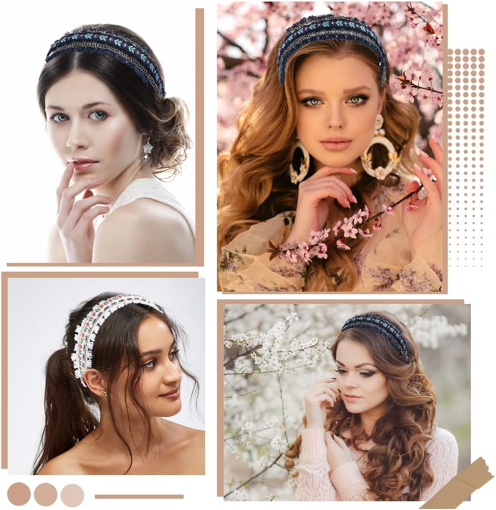 CABODYALS 2 Pieces 2 Colours Black White Trendy Ethnic Floral Embroidered Headbands Floral Boho Hair Bands Vintage Headband Set with Fringe Embroidery for Women Wedding Outfit Dress Hairstyle image number 4