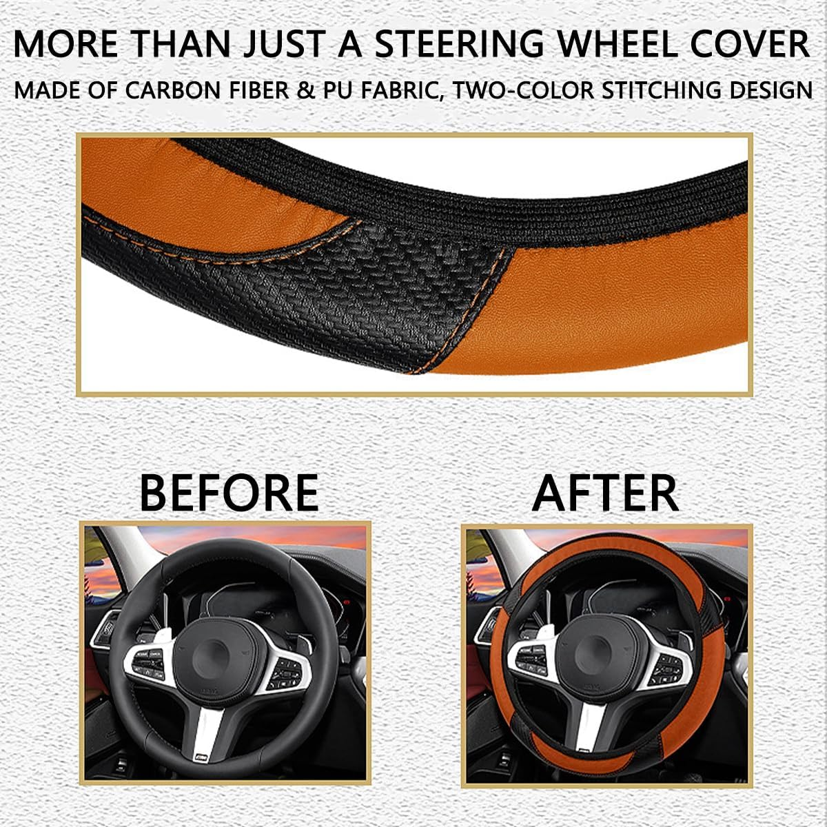 Bittwee Car Steering Wheel Cover, Anti-Slip PU Leather & Carbon Fiber Steering Wheel Protector, Universal 14.5-15 Inch, Automotive Interior Accessories, Fit for Most Cars Suvs (Orange) image number 4