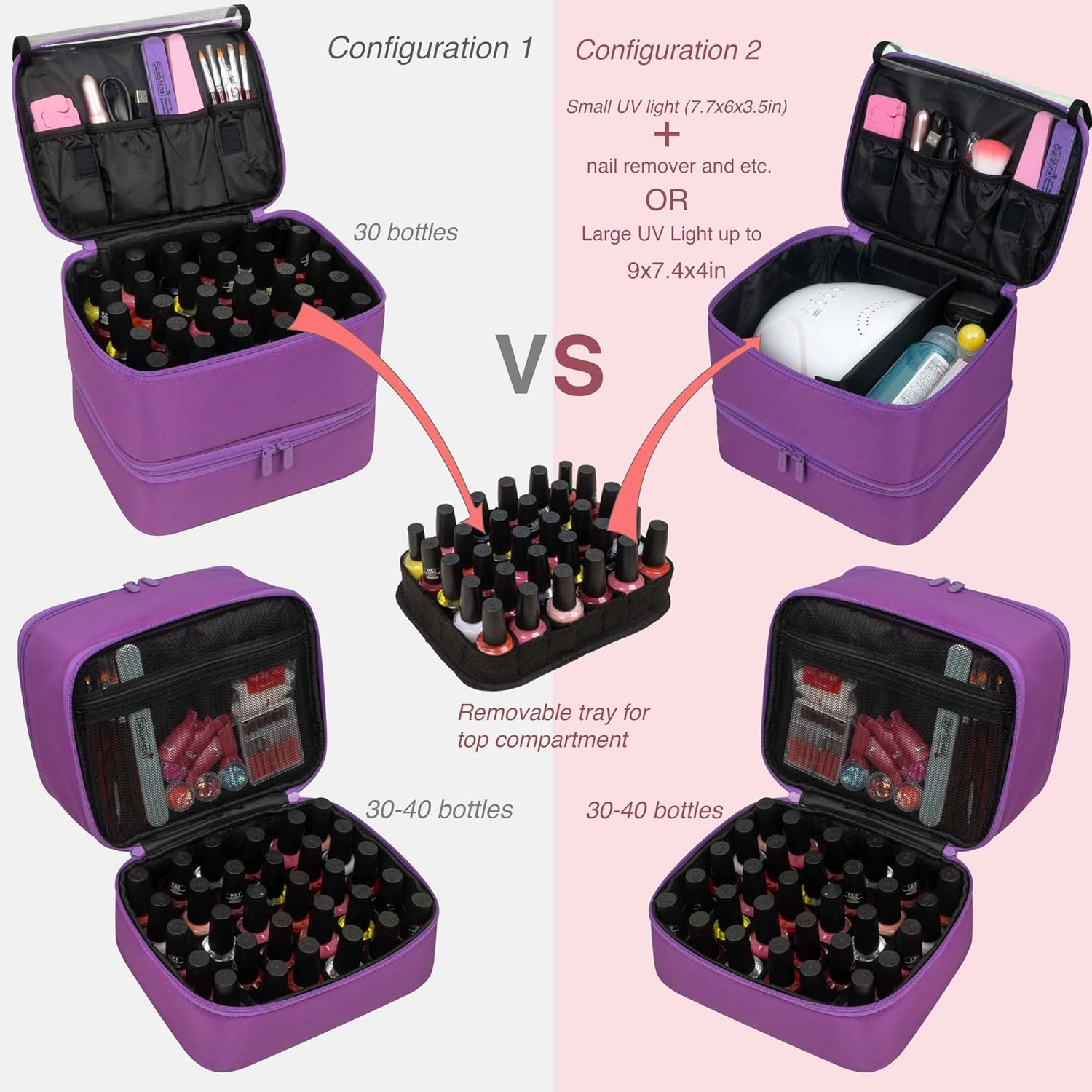 Butterfox Nail Polish Carrying Case Bag Storage Organizer, Fits 60-70 Nail Polish Bottles, Pockets for Manicure Accessories - Purple image number 3