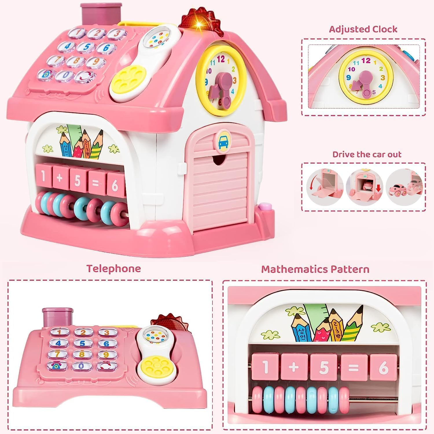 Toys for 1+ Year Old Girls, Montessori Toddlers Toys with Sound/Lights/Music/Clock/Telephone/Car 8 in 1 Multi-Functional House, Early Educational Birthday Girl and Boy image number 4