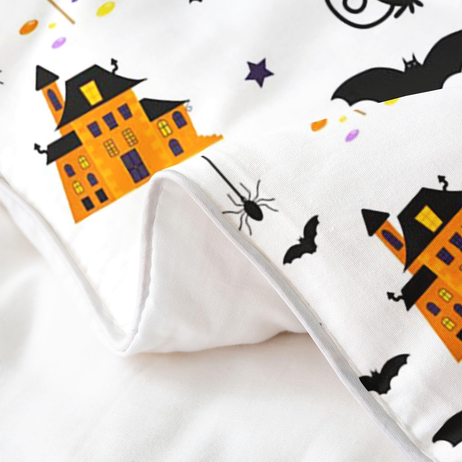 Halloween Pumpkin 100% Cotton Duvet Cover 155 X 220 Cm, Teens Black Cat Skeleton Bone Bed Linen, Bat Spider Web Castle Star Comforter Cover, Christmas Candy Cane Quilt Cover, White Orange image number 5