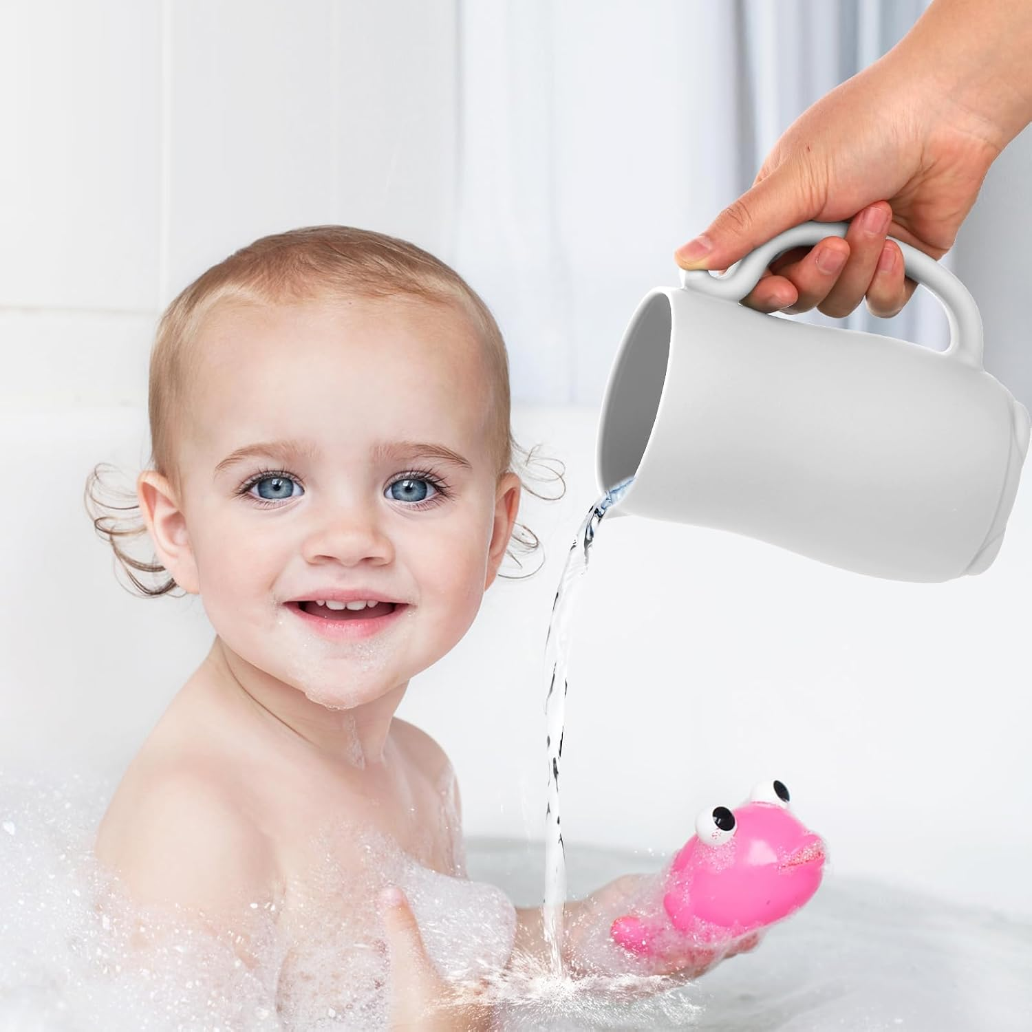 Baby Bath Rinse Cup, Silicone Rinse Shampoo Rinser Baby Hair Rinse Cup with Easy-To-Grip Handle to Rinse Soap & Shampoo for Baby Bath Essentials(Silver Gray) image number 4