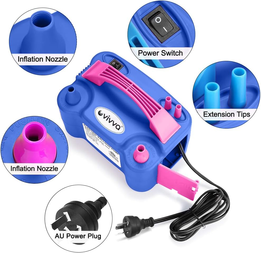 Vivva Balloon Pump Electric,600W Balloon Blower Inflator Dual Nozzle Air Pump with 2 Balloon Tying Tools,Balloons Inflator for Party Decoration (Blue) image number 6