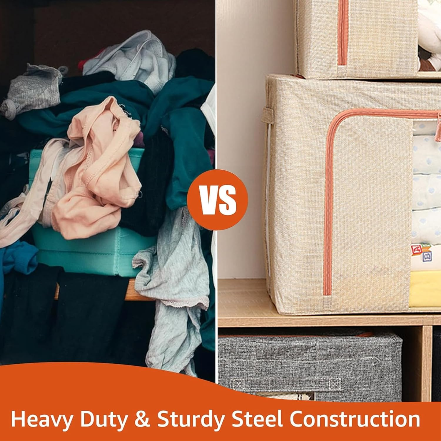 2 Pack Clothes Storage Box with Zipper, 66L Foldable Linen Container with Handles Large Capacity Storage Organizer (Beige 66L) image number 3