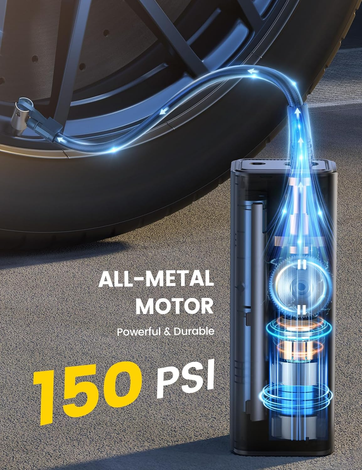 Tire Inflator Portable Air Compressor - Lamicall 150 PSI 5000Mah Cordless Car Air Pump, 1 Min Fast Inflate, Electric Tire Pump with 12V DC, Digital Pressure Gauge, LED Light, for Auto Bike Motorcycle image number 3