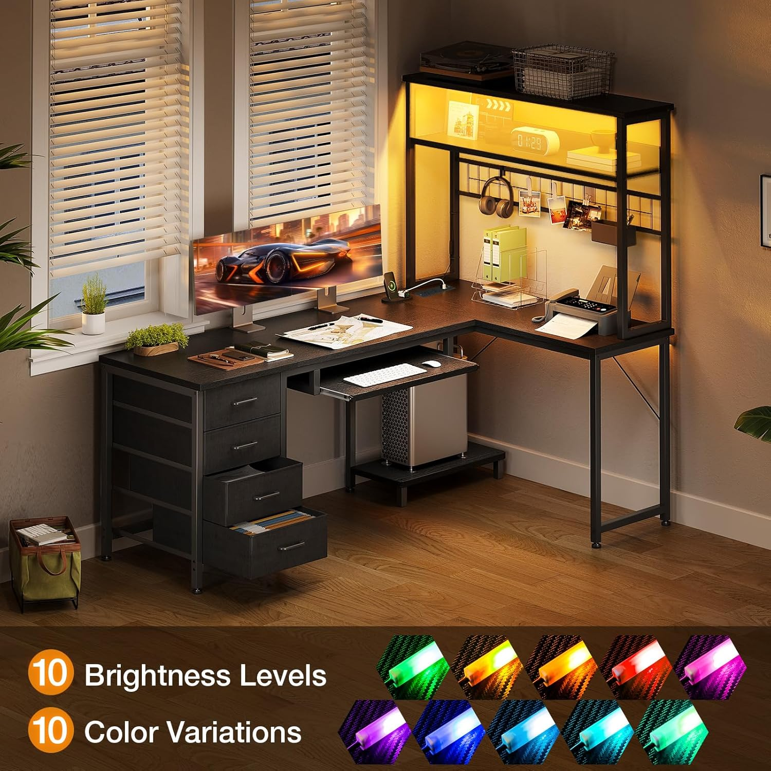 ODK 59Inch Reversible Computer Desk with Drawers,Corner Office Desk with LED Lights & Power Outlets, L Shaped Desk with Shelf & Extendable Keyboard Tray, Study PC Gaming, 149.5 * 100 * 149.5Cm, Black image number 4