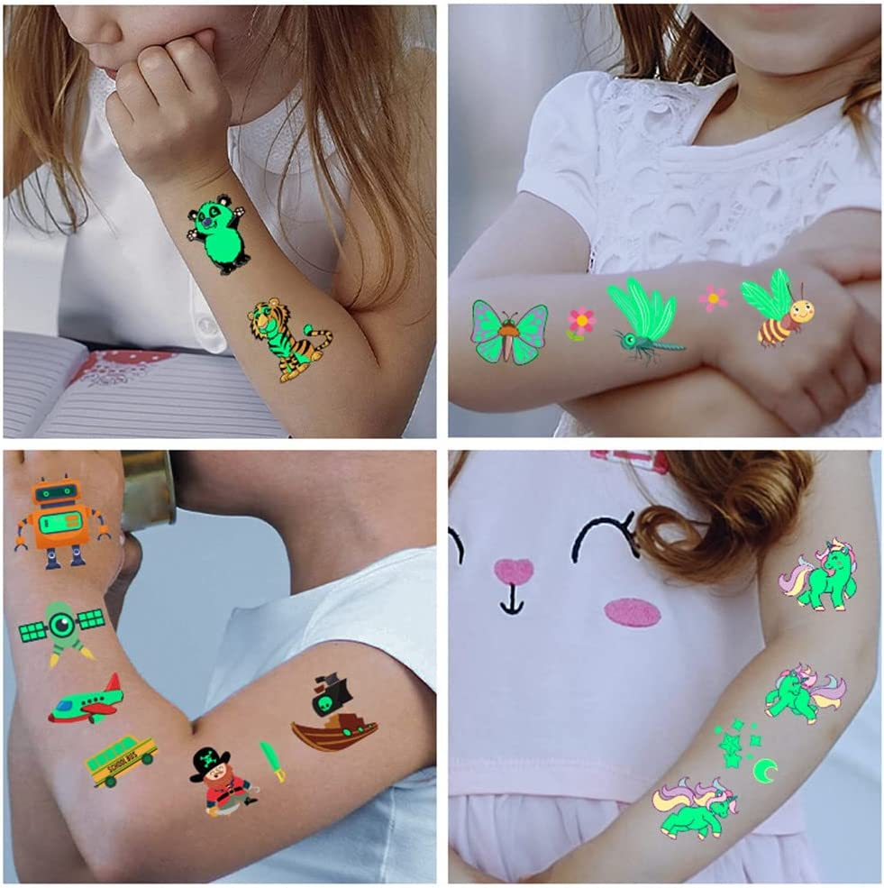 30 Sheets Luminous Tattoo Stickers,Lot Luminous Tattoo Face Temporary Color Unicorn Mermaid Dinosaur Tattoo Child Cute Tattoo Sticker Body Tattoo for Kids